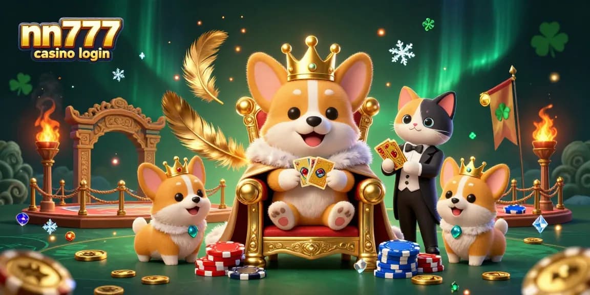 Join the action with nn777 casino login, featuring a royal corgi on a poker chip throne amidst vibrant 3D casino elements.