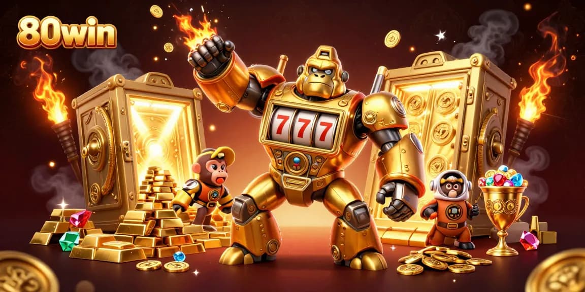 Experience the thrill of winning at 80win with dynamic casino-themed 3D illustration featuring a golden mech.