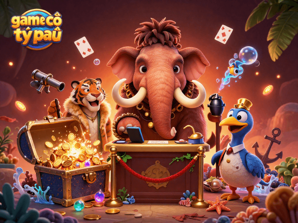 Engage in game bài cờ tỷ phú with an animated bouncer, a VIP guest, and unique casino elements in a vibrant scene.