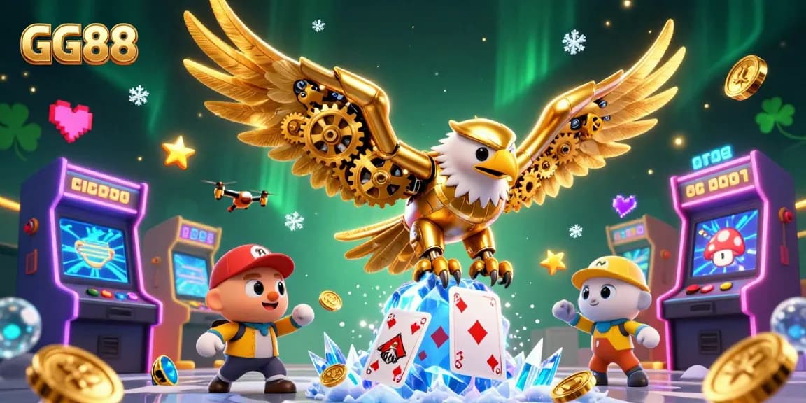 Experience the excitement of GG88 as a cybernetic eagle soars through holographic playing cards in a casino-themed digital illustration.