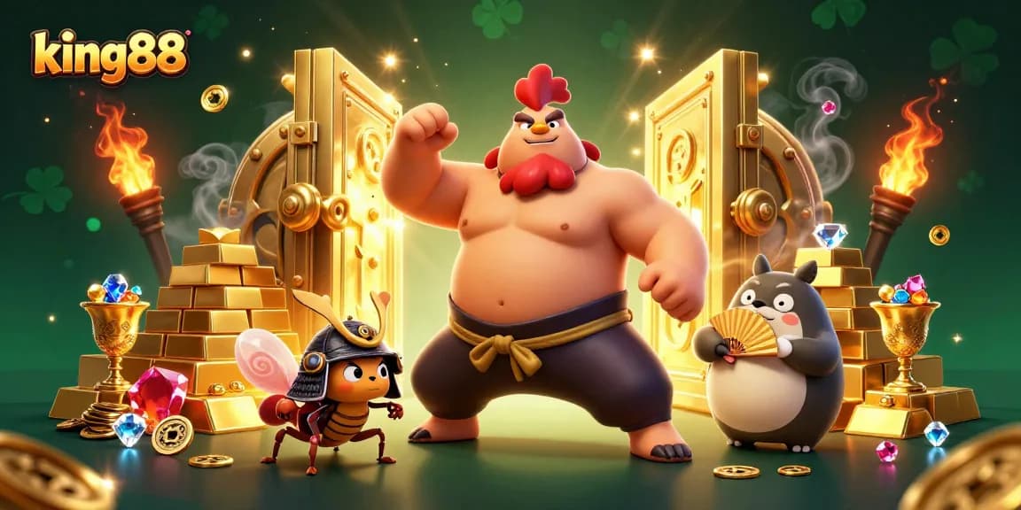 Experience exciting adventures with king88 in this vibrant 3D casino illustration filled with treasures.