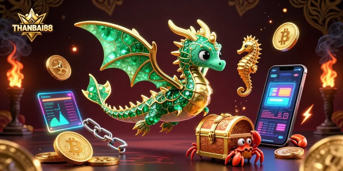 Engage with THANBAI88 through a vibrant underwater casino scene featuring dragons and treasure.