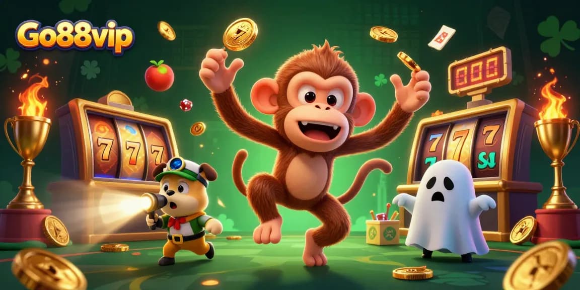 Experience thrilling fun with Go88vip, tracking a playful poltergeist monkey in a dynamic casino scene.