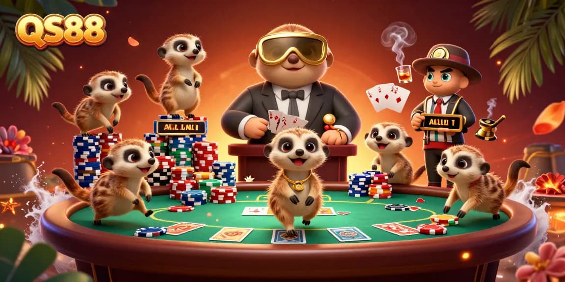 Experience the thrilling vibe of QS88 as meerkats run a vibrant casino operation with poker elements and colorful chips.