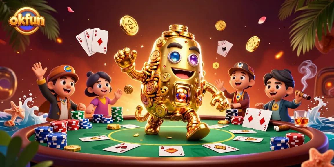 Engage with okfun, where a golden golem embodies casino excitement with poker action and dynamic gaming elements.