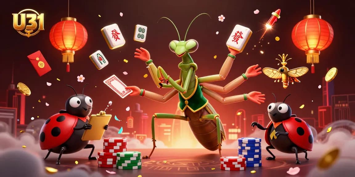 U31 showcases a vibrant casino scene with a praying mantis card sharp and ladybug pit boss in action.