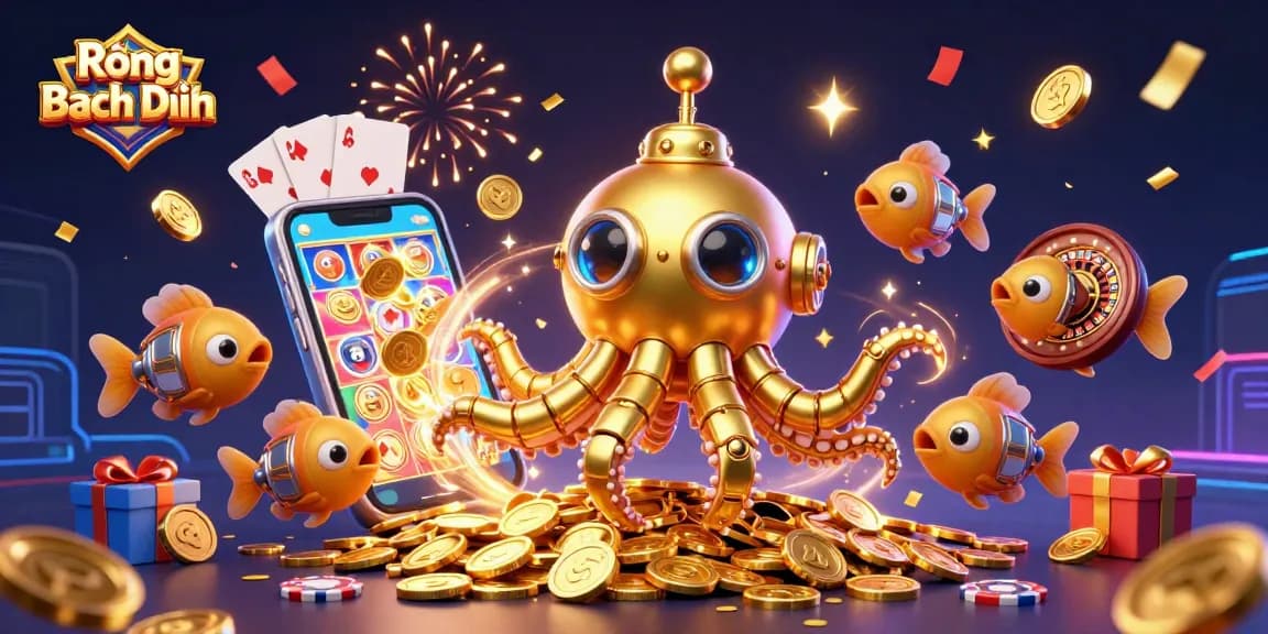 Experience the vibrant luck of Rồng Bạch Kim with animated golden kraken and treasure in a casino scene.