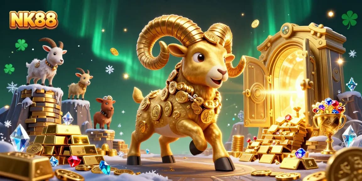 Engage with thrilling slot jackpots at NK88, showcasing a golden ram and treasure-filled scene.