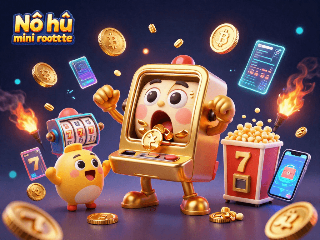 Spin the jackpot on Nổ hũ mini roulette as golden coins pour from the surprised slot machine.