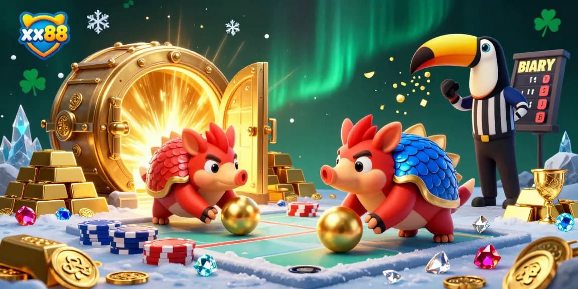 Experience excitement with xx88 as rival pangolins roll through poker chips in a vibrant casino scene.