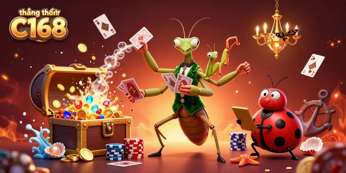Engage with the thrilling action of thương hiệu C168 as a giant praying mantis card sharp deals cards and pours champagne