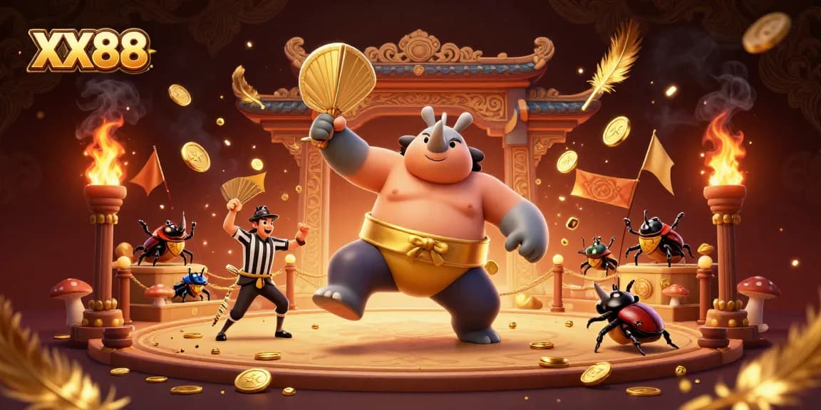 Engage with XX88's thrilling betting scene as a beetle champion stomps coins and sparks fly.
