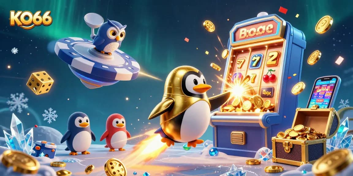 Engage in thrilling gameplay at KO66 with a golden penguin racing to jackpot rewards amidst vibrant casino elements.
