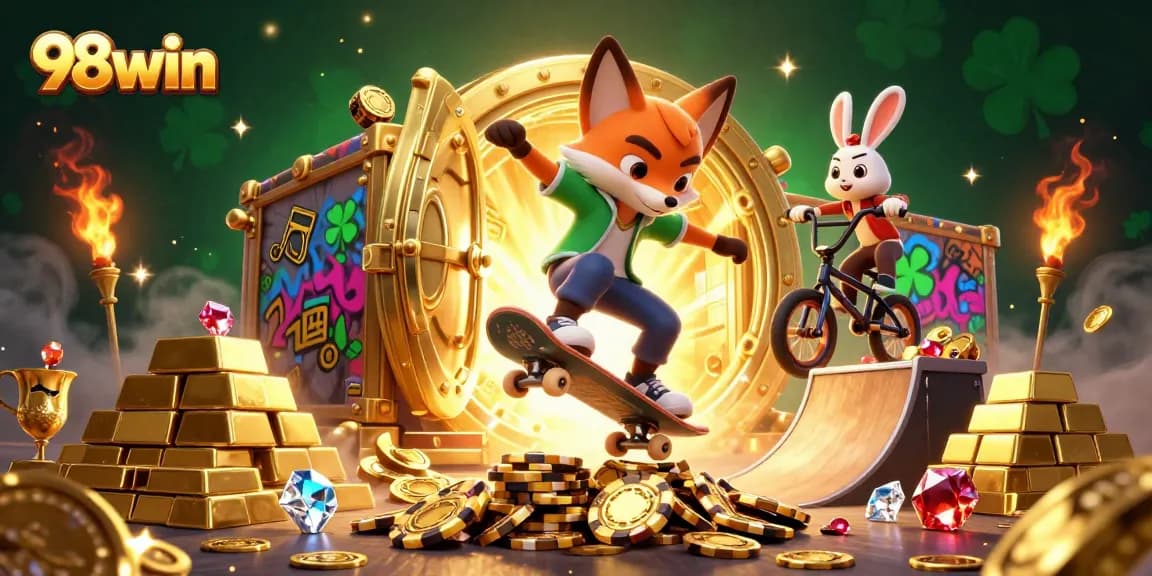 Engage in thrilling play with 98win as a 3D fox skateboarder performs tricks over golden poker chips.