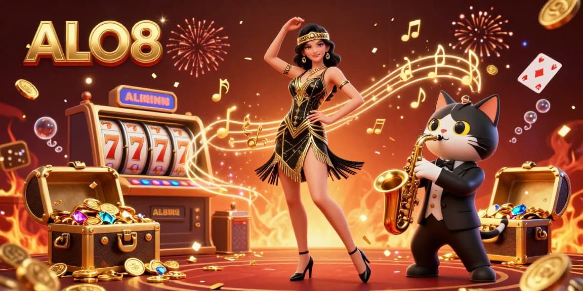 Experience the thrill of ALO8 with a dynamic illustration showcasing a flapper and a saxophone-playing cat in a vibrant casino scene.