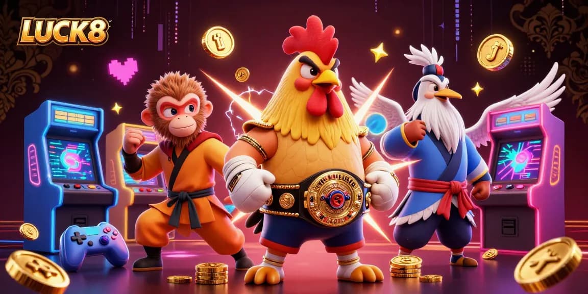 LUCK8 roosters clash in combat amidst vibrant casino arcade elements, showcasing excitement.