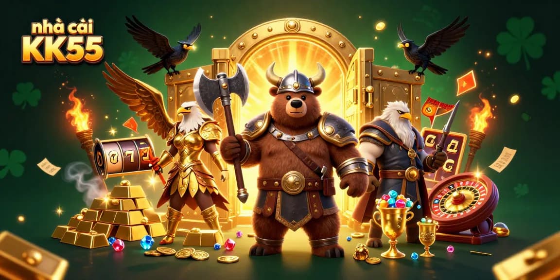 Action-packed scene showcasing nhà cái KK55 with epic Viking characters and gold treasures in a casino setting.
