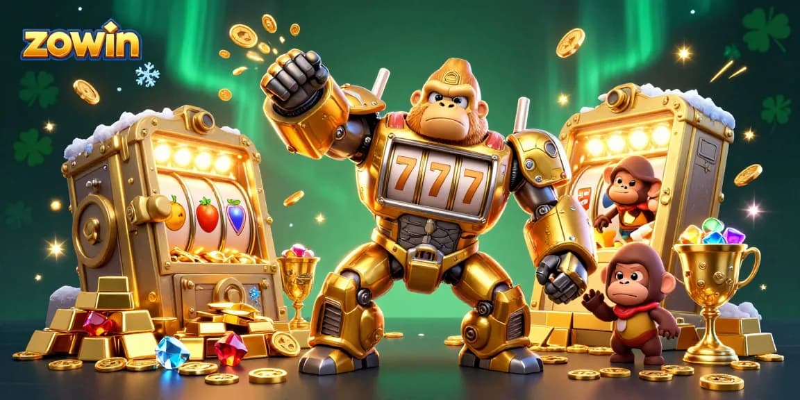 Zowin transforms luck into winning moments with a vibrant 3D casino scene filled with slot machines and treasures.