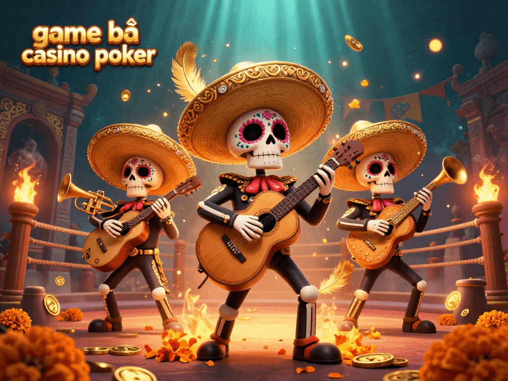 Experience game bài casino poker with a vibrant 3D mariachi scene, gold coins, and festive elements.