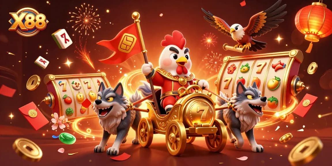 X88 features a cartoon rooster warlord in a golden chariot amidst celebratory casino elements, enhancing your online gaming experience.