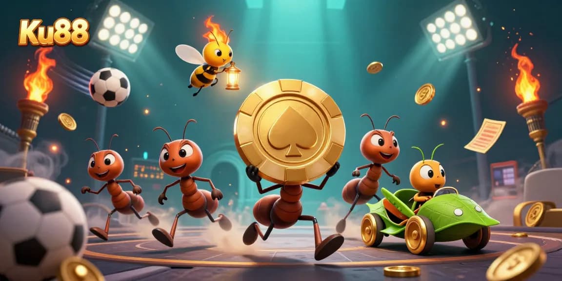 Engage with Ku88's exciting gaming world through this dynamic illustration featuring ants and sports elements.