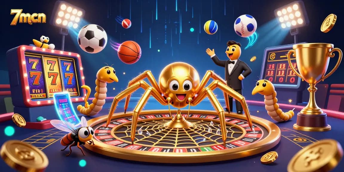 Engage with 7mcn while betting in a vibrant 3D casino illustrated scene.
