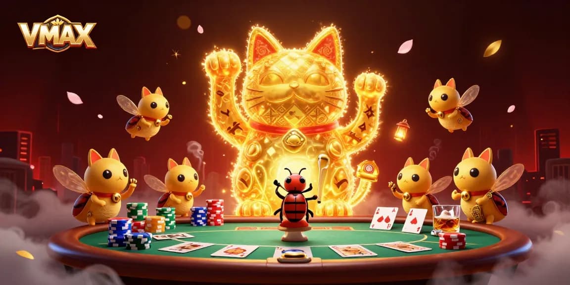 Engage with VMAX's vibrant casino atmosphere featuring a lucky cat and casino symbols.