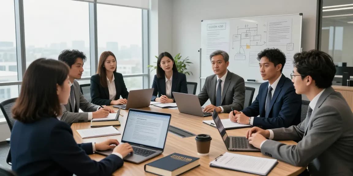 Legal professionals discussing strategies for statute 123b in a modern office setting.
