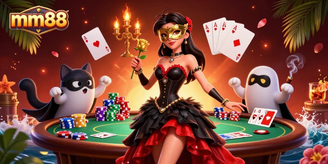 Engage with mm88's exciting atmosphere at a vibrant casino scene featuring poker elements.