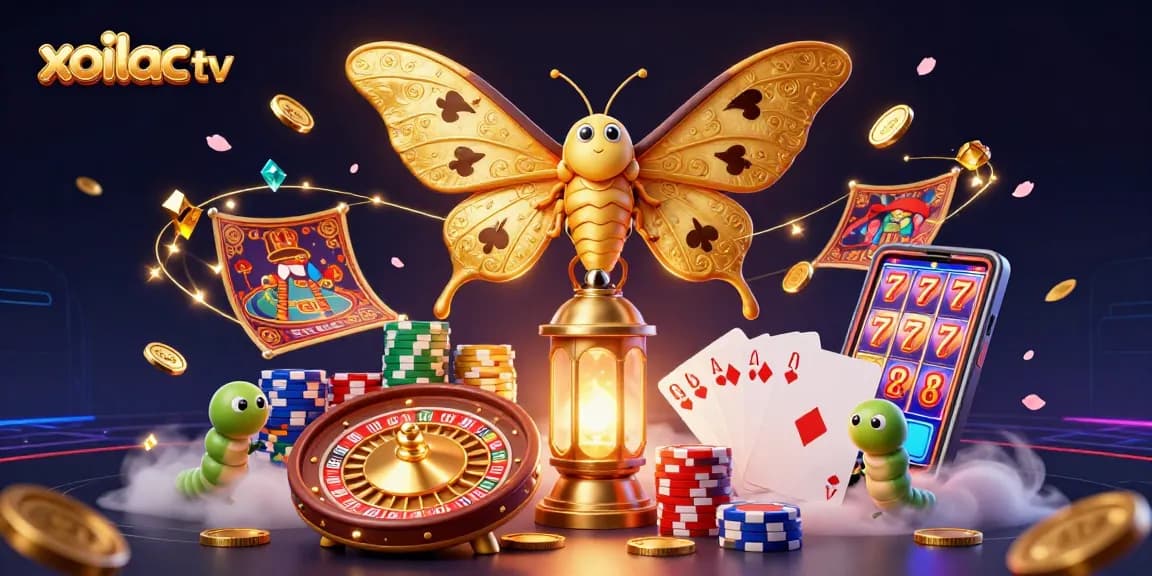 Xoilac TV showcases vibrant casino action with a golden atlas moth, playing cards, and dynamic gambling elements.