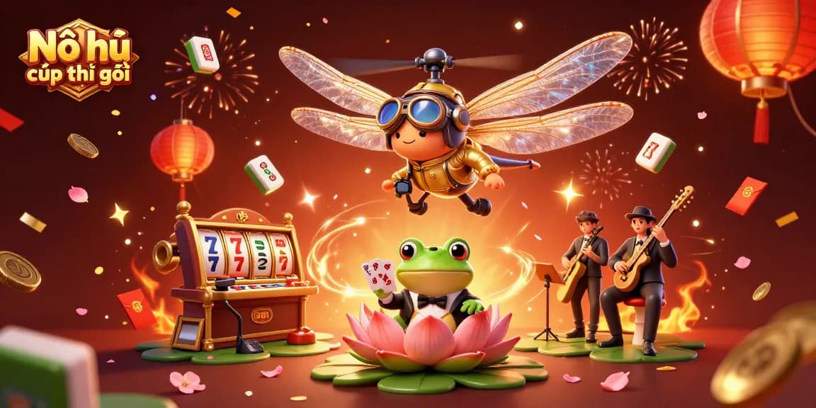 Nổ hũ cúp thế giới scene showcasing a vibrant casino with characters celebrating and dynamic game elements.
