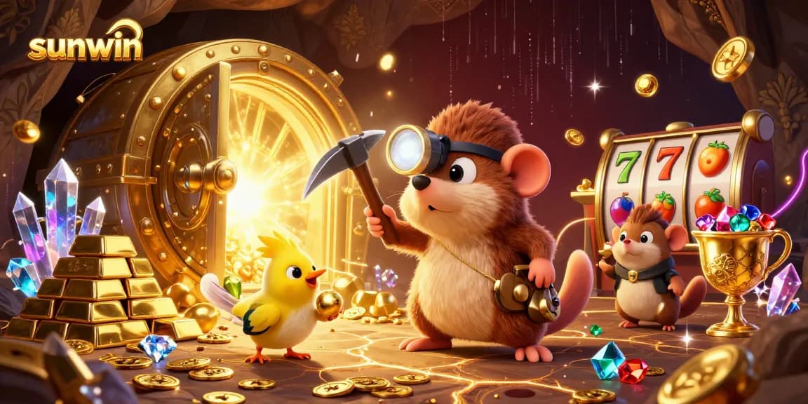 Spin the reels and uncover treasures with sunwin's glowing cartoon treasures in a vibrant casino scene.