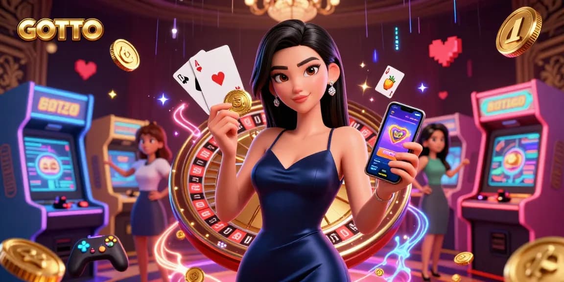 Terlibat dengan ilustrasi kasino GOTOTO yang menakjubkan menampilkan seorang wanita percaya diri dengan elemen permainan dan efek neon.