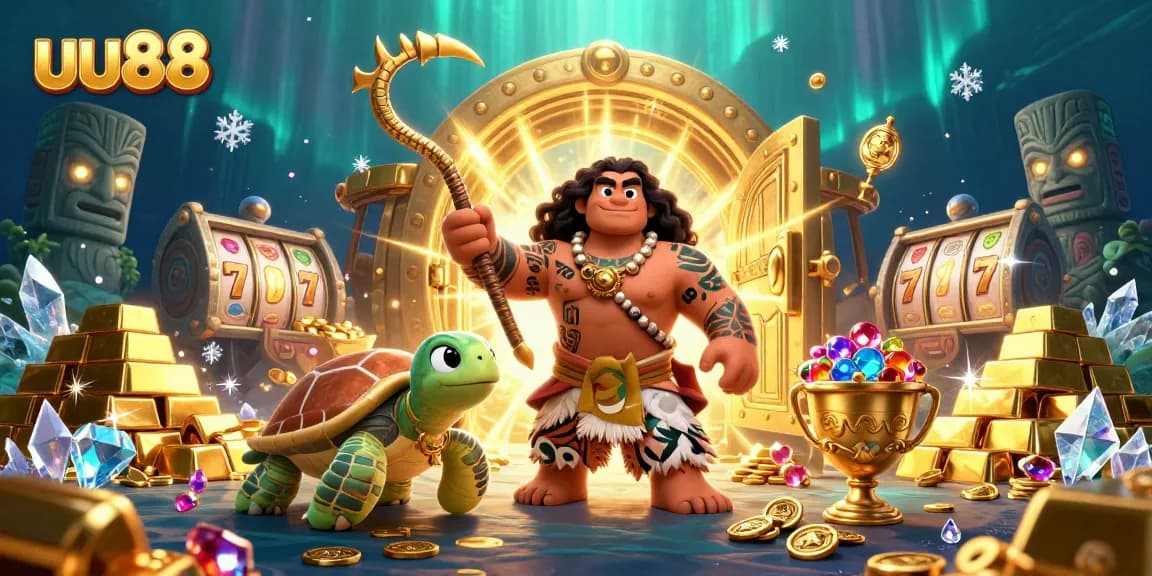 Win big at uu88 with a vibrant 3D casino scene featuring dynamic characters and treasures.