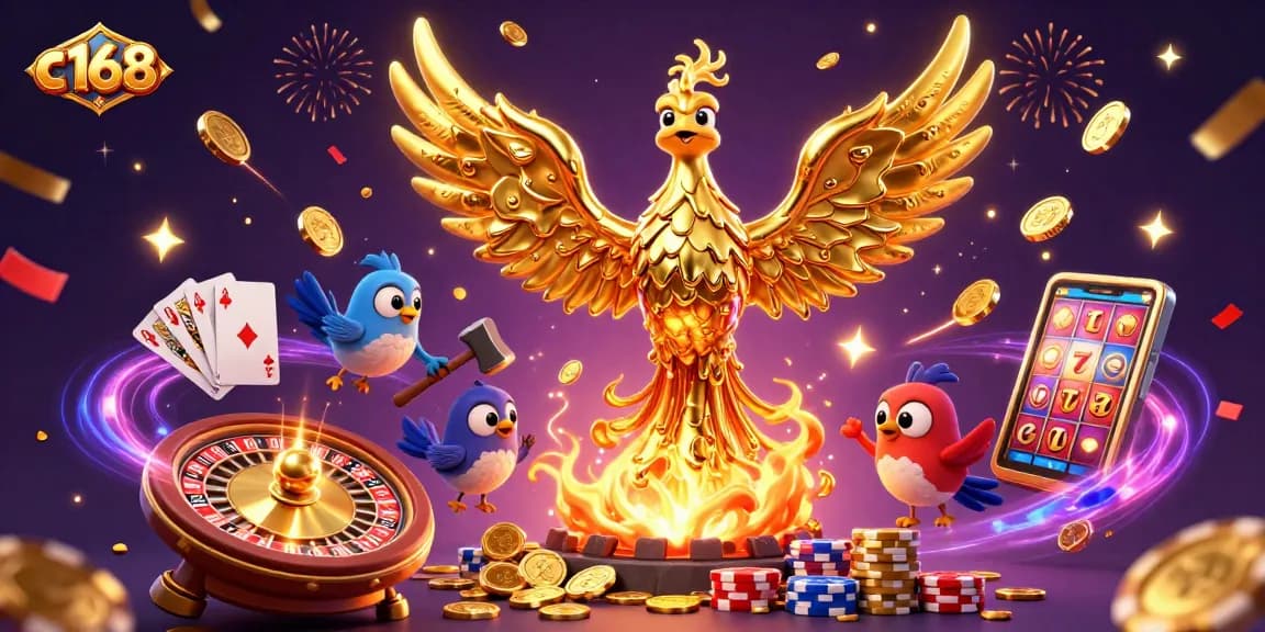 Experience the thrill of winning at c168 with golden phoenix, coins, and vibrant casino elements.