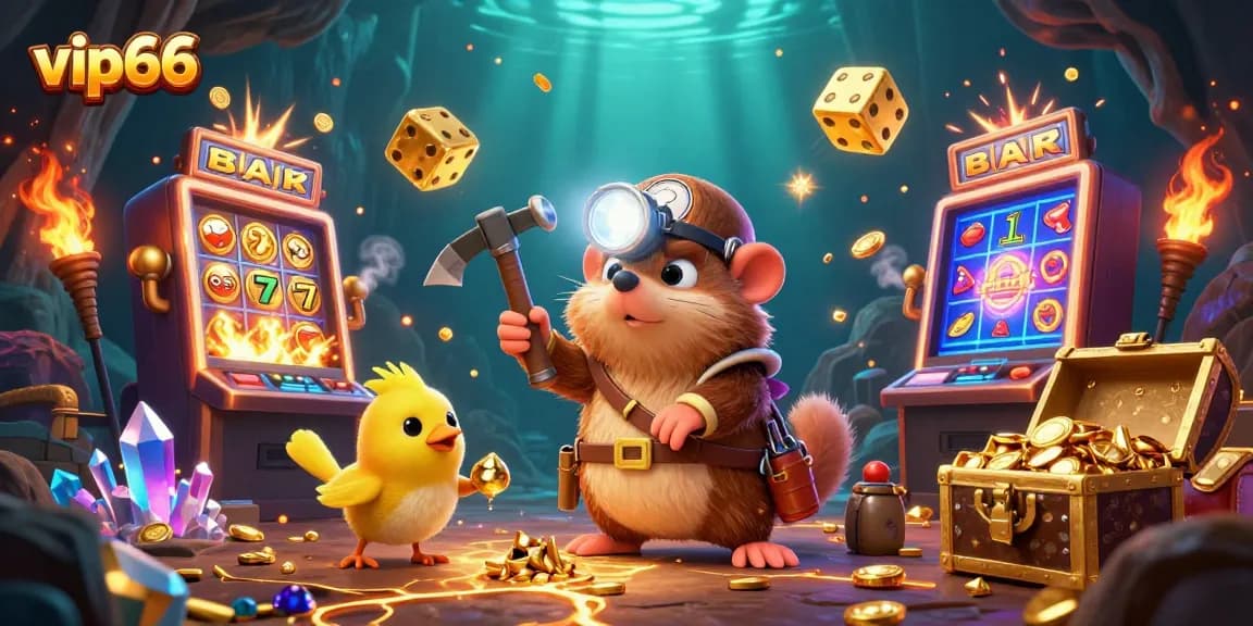 Spin and win big with vip66, featuring a treasure hunter mole and explosive casino elements!