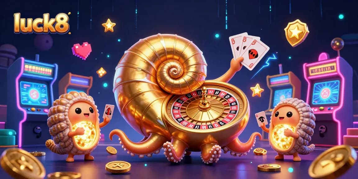 Experience luck8 gaming excitement with a glowing nautilus roulette wheel, card hands, and arcade action.