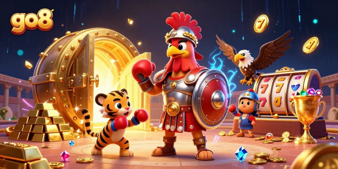 Experience the excitement of go8 gaming with an ultra-detailed 3D illustration of a gladiator rooster and tiger cub amidst stunning casino elements.