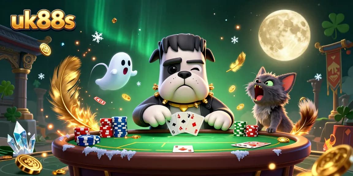 uk88s poker showdown featuring a cartoon bulldog monster dealing cards amidst a whimsical casino setting.