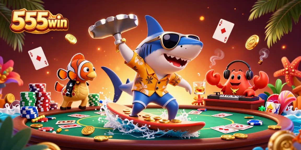 Experience excitement at 555win with a shark surfing coins and a clownfish as they bet brilliantly!