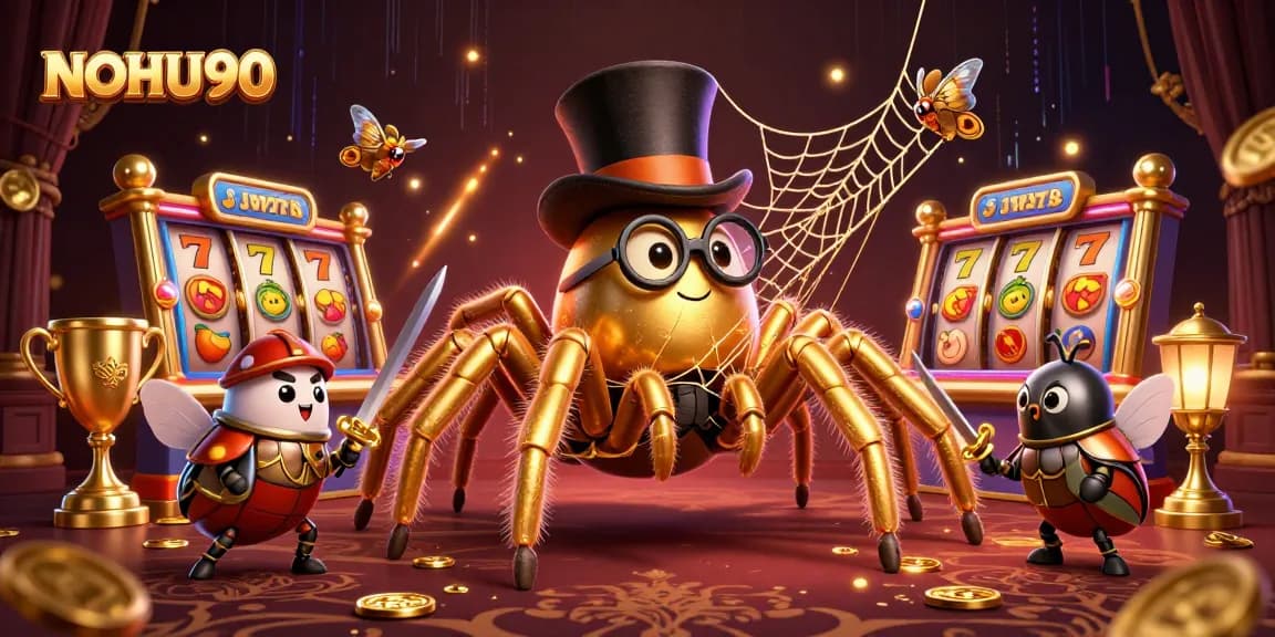 NOHU90 features a giant cartoon tarantula weaving golden threads amidst exciting slot games and jackpot elements.