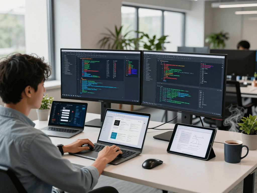 Developer coding on dual monitors in a vibrant tech office, highlighting net88 innovation.