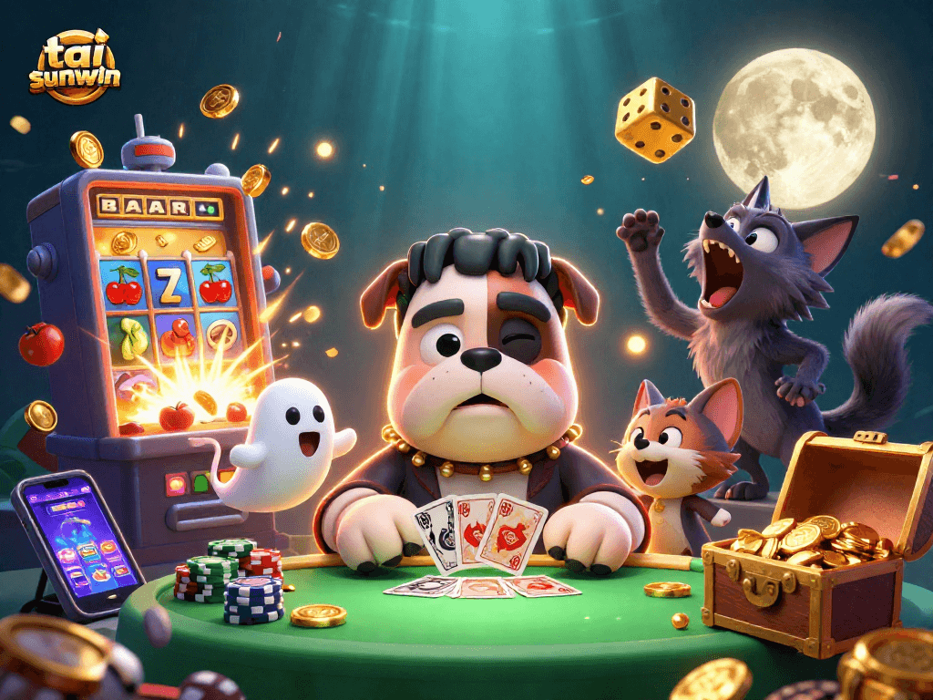 Engage with tai sunwin as a Frankenstein bulldog deals cards at a spooky casino table.