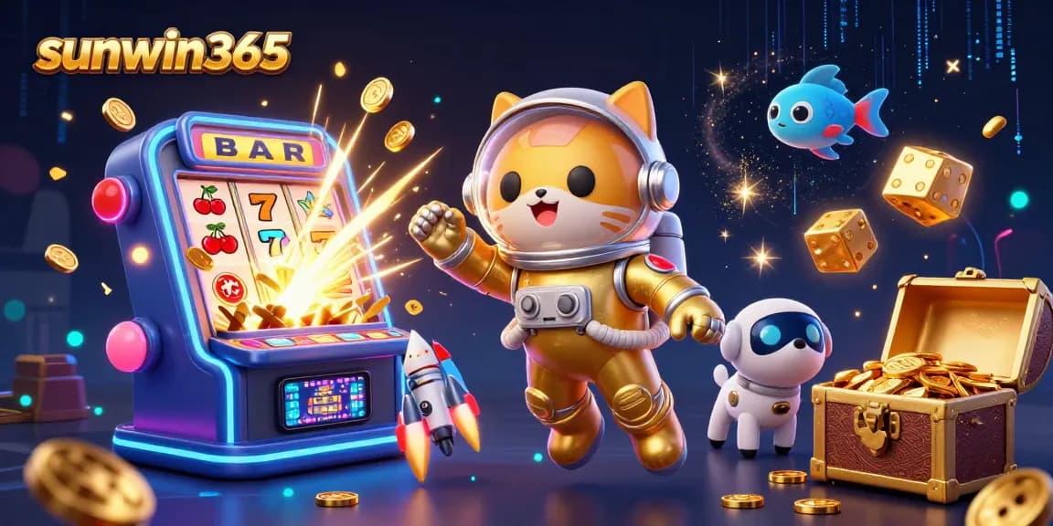 Experience thrilling wins at sunwin365 with a dynamic scene of a cat astronaut and gaming elements in outer space.