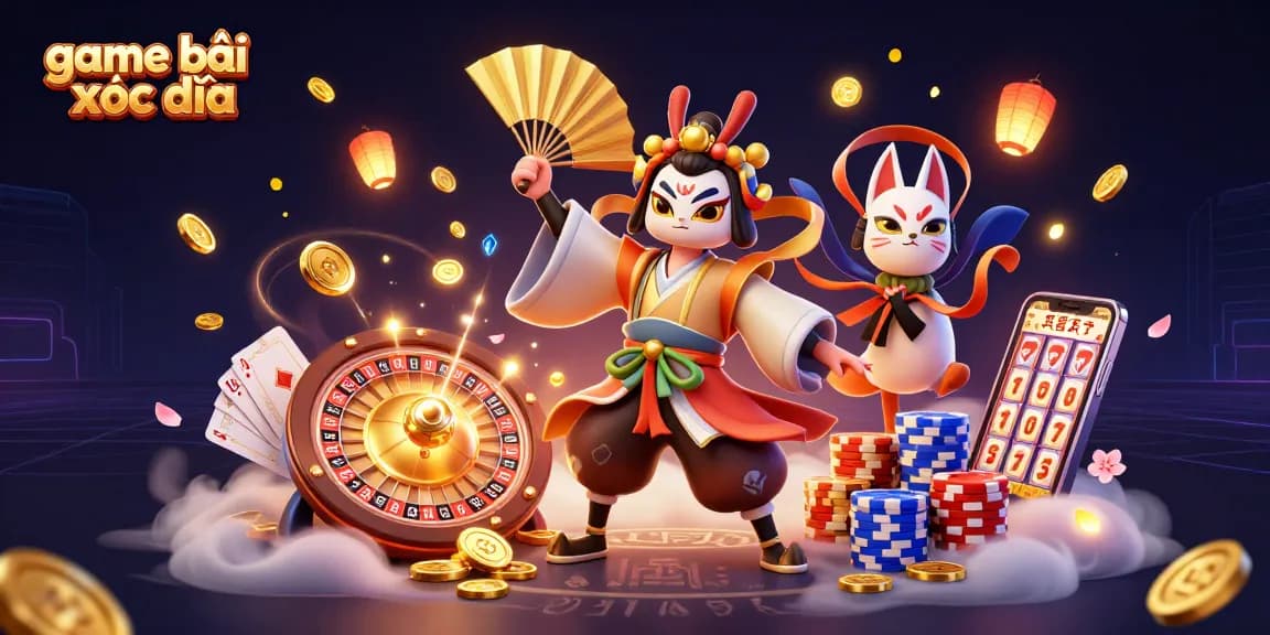Experience thrilling action in game bài xóc đĩa with kabuki warriors and rich casino elements.