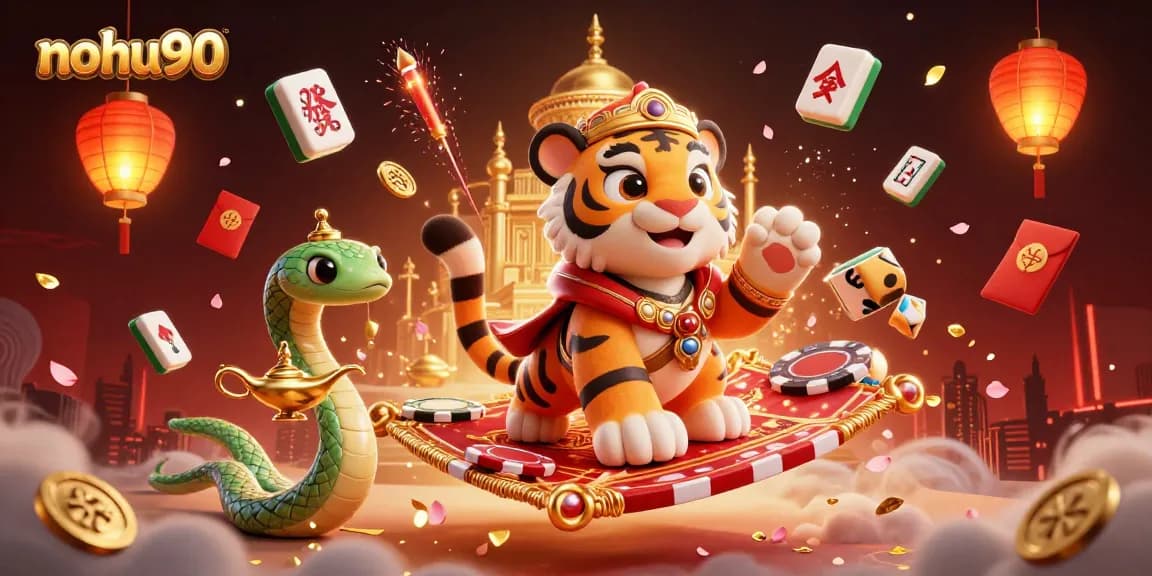 Nohu90 showcases a vibrant, dynamic 3D illustration of a sultan and genie engaging in thrilling jackpot games.