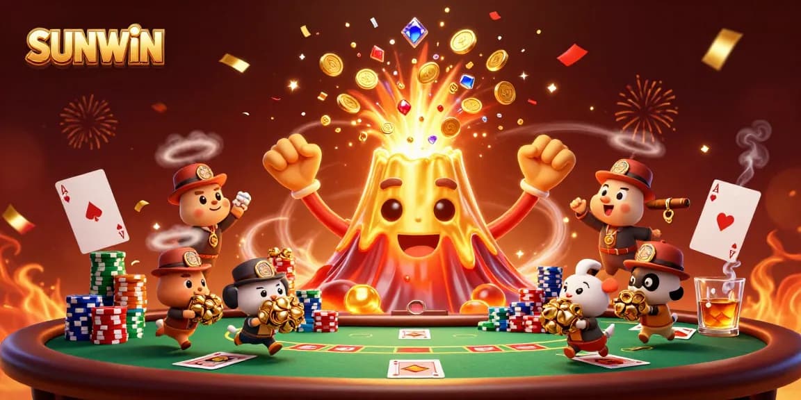 SUNWIN showcases a captivating 3D casino scene with a golden volcano and poker elements, engaging players.