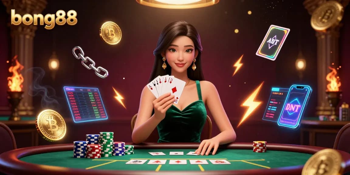 Bong88 poker scene showcasing a beautiful Asian woman holding cards at a luxury table with vibrant crypto elements.