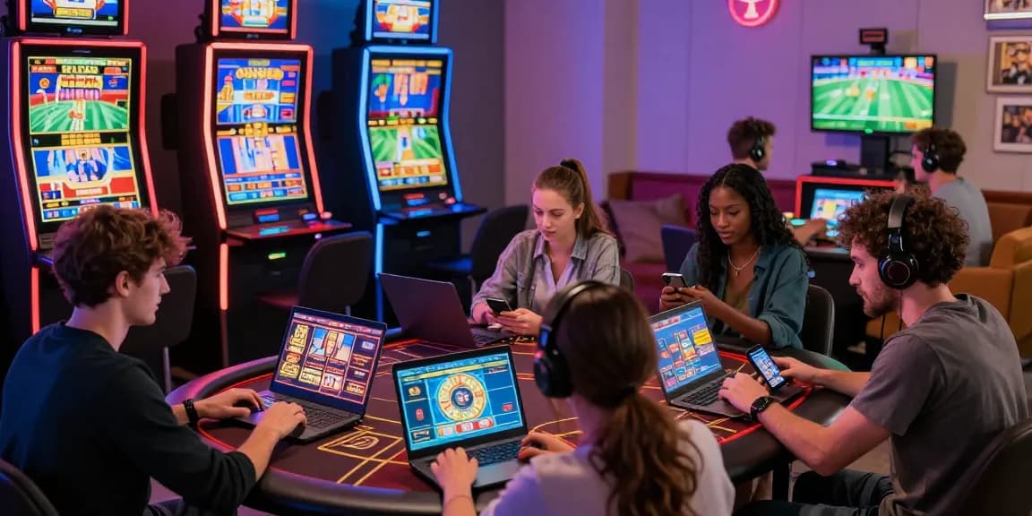 Sunwin gamers enjoying various casino games in a vibrant setting with engaging digital interfaces.