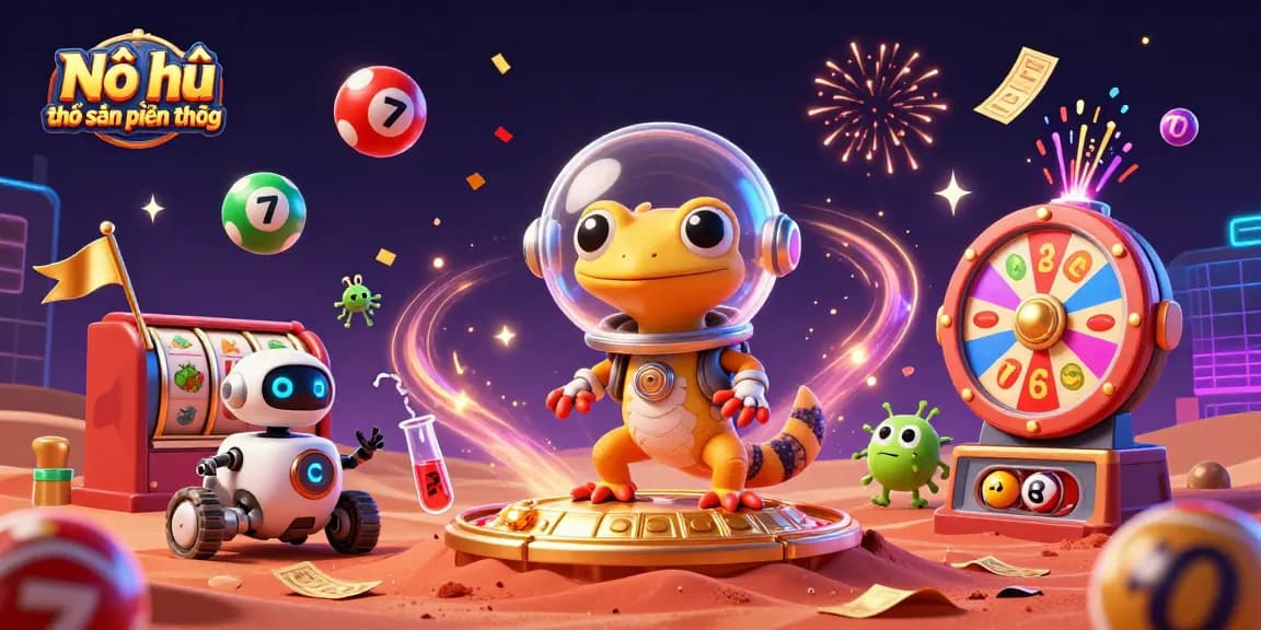 Nổ hũ thợ săn tiền thưởng showcases a dynamic 3D scene with characters discovering a gold casino in the Martian sand